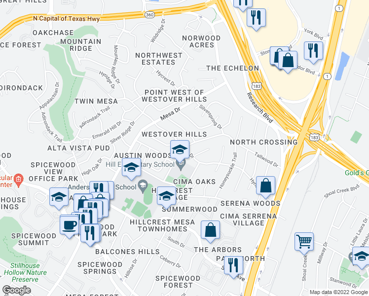 map of restaurants, bars, coffee shops, grocery stores, and more near Hyridge Dr & Tallwood Dr in Austin