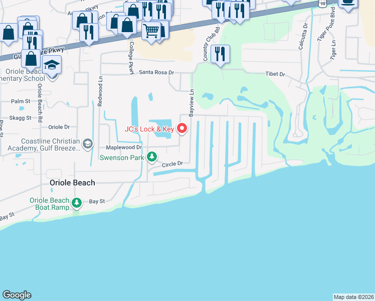 map of restaurants, bars, coffee shops, grocery stores, and more near 1119 Bayview Lane in Gulf Breeze