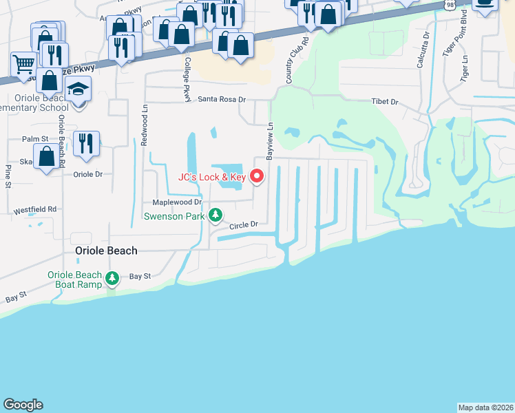 map of restaurants, bars, coffee shops, grocery stores, and more near 1119 Bayview Lane in Gulf Breeze