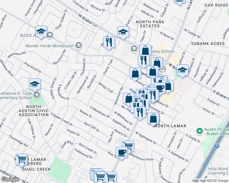 map of restaurants, bars, coffee shops, grocery stores, and more near 10702 Newmont Road in Austin