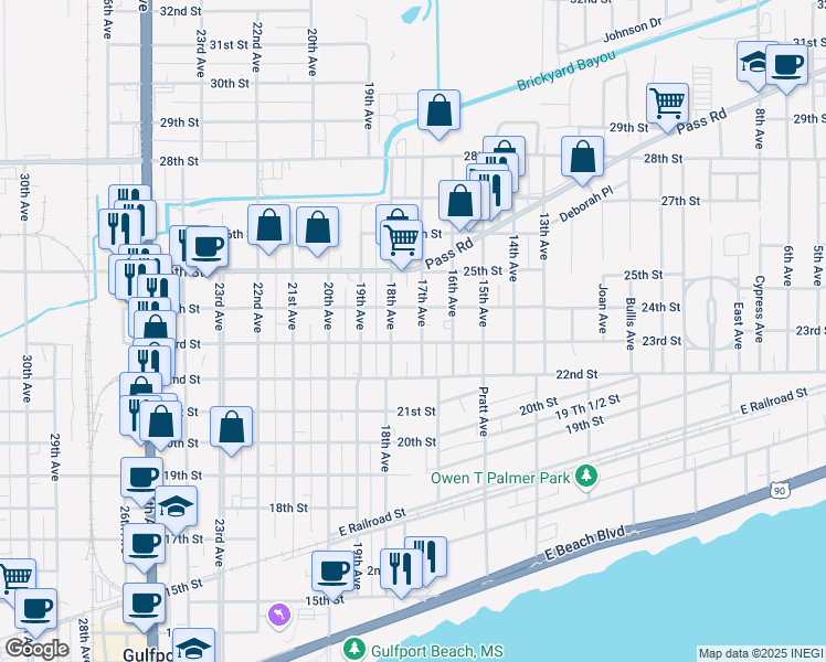 map of restaurants, bars, coffee shops, grocery stores, and more near 2305 17th Avenue in Gulfport