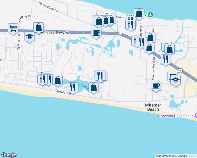 map of restaurants, bars, coffee shops, grocery stores, and more near in Miramar Beach