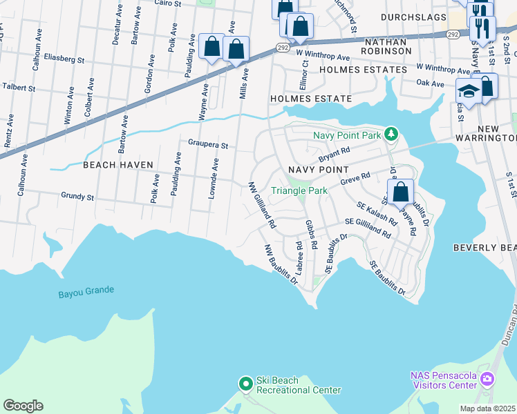 map of restaurants, bars, coffee shops, grocery stores, and more near 109 Northwest Gilliland Road in Pensacola