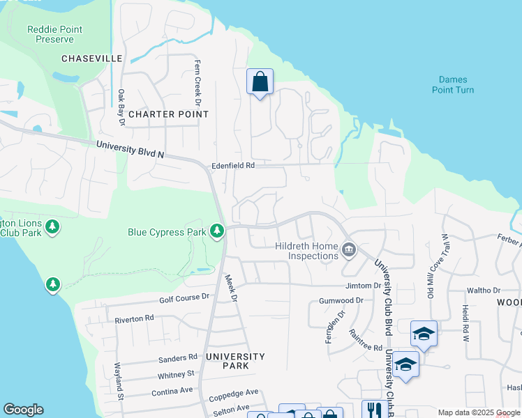 map of restaurants, bars, coffee shops, grocery stores, and more near 5791 North University Club Boulevard in Jacksonville