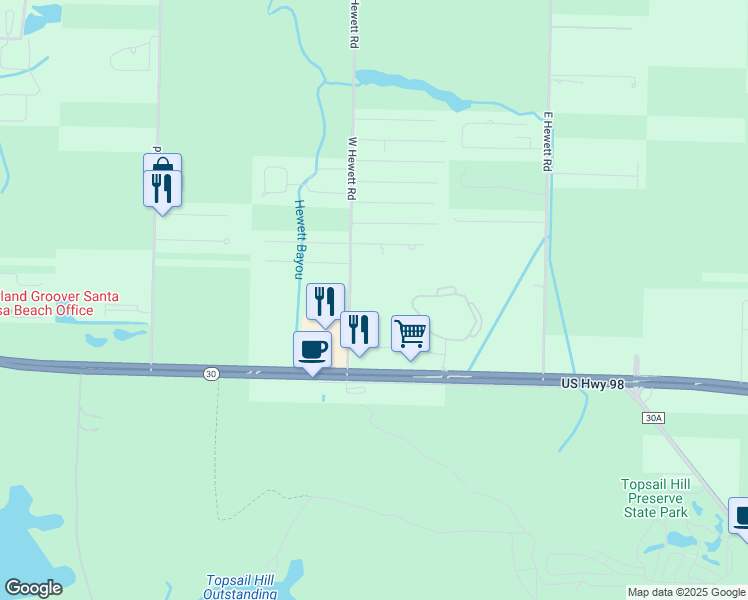 map of restaurants, bars, coffee shops, grocery stores, and more near 164 West Hewett Road in Santa Rosa Beach