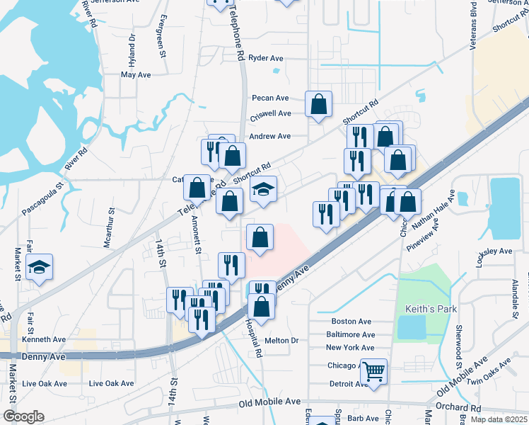 map of restaurants, bars, coffee shops, grocery stores, and more near 4311 Hospital Road in Pascagoula