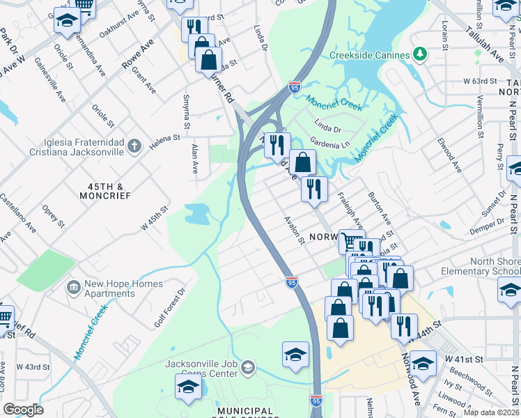 map of restaurants, bars, coffee shops, grocery stores, and more near 1044 Dorchester Street in Jacksonville