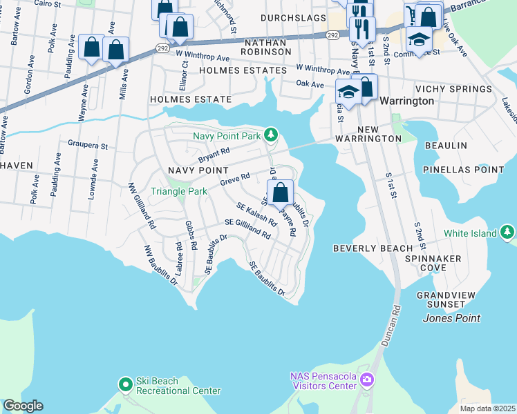 map of restaurants, bars, coffee shops, grocery stores, and more near 202 Southeast Kalash Road in Pensacola