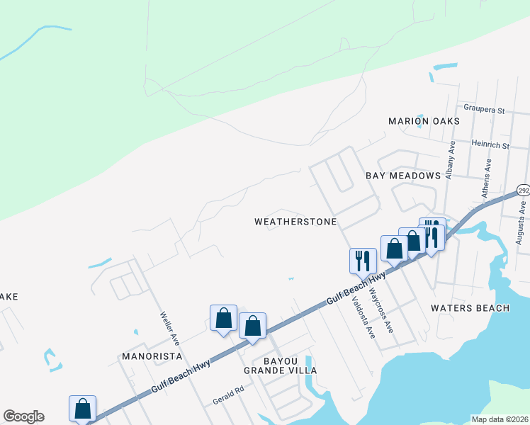 map of restaurants, bars, coffee shops, grocery stores, and more near 3838 Weatherstone Circle in Pensacola