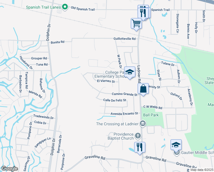map of restaurants, bars, coffee shops, grocery stores, and more near 2524 Calle De La Goya Street in Gautier