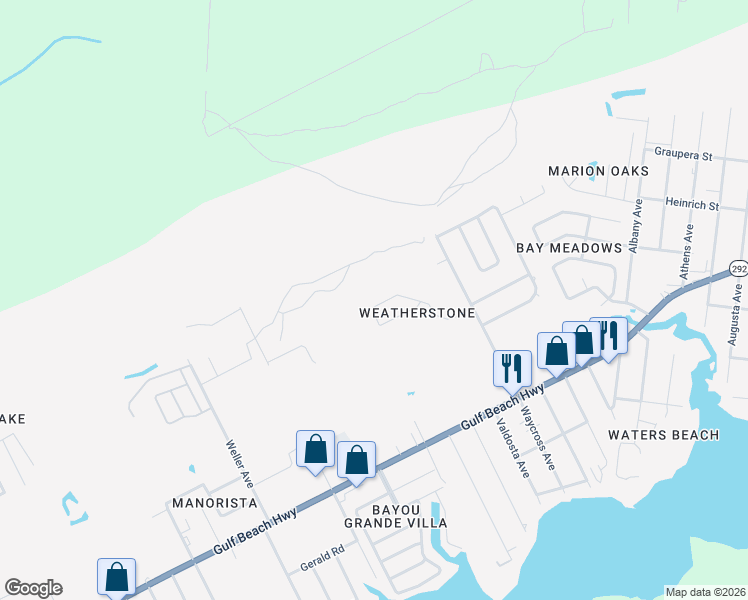 map of restaurants, bars, coffee shops, grocery stores, and more near 3838 Weatherstone Circle in Pensacola