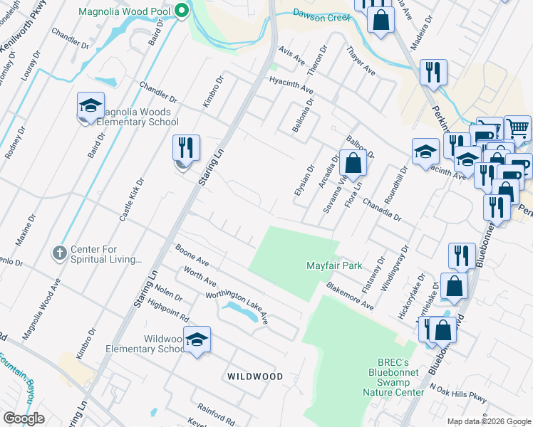 map of restaurants, bars, coffee shops, grocery stores, and more near 9386 Southlawn Drive in Baton Rouge