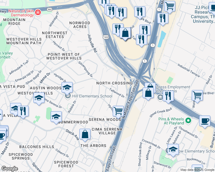 map of restaurants, bars, coffee shops, grocery stores, and more near 8800 Willowick Drive in Austin