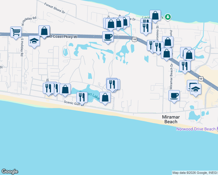 map of restaurants, bars, coffee shops, grocery stores, and more near in Miramar Beach