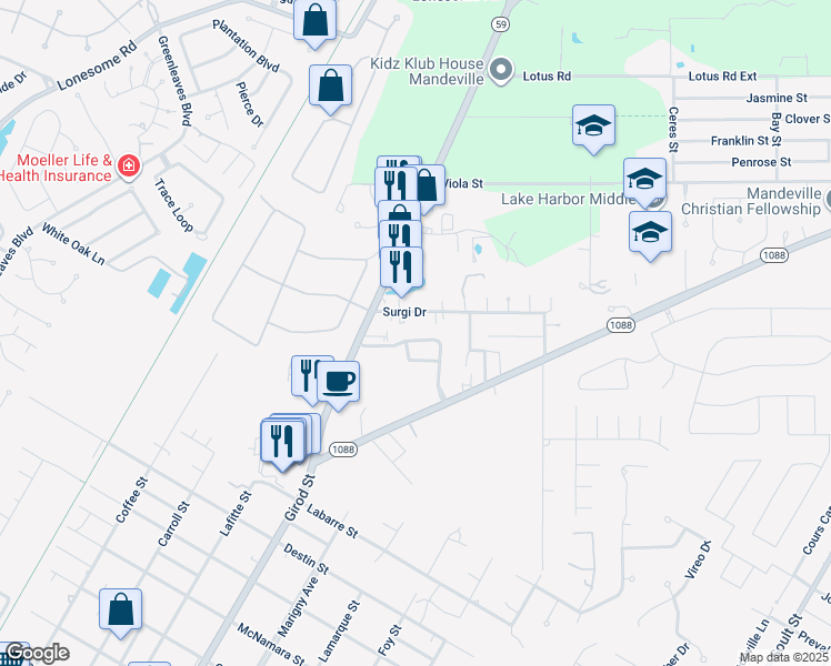 map of restaurants, bars, coffee shops, grocery stores, and more near 296 Fountains Park Boulevard in Mandeville