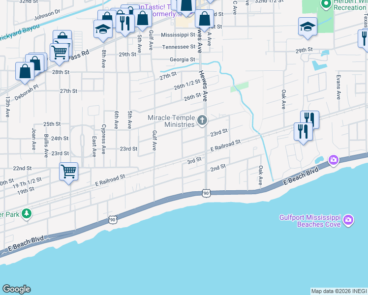 map of restaurants, bars, coffee shops, grocery stores, and more near 2200 Roberts Avenue in Gulfport