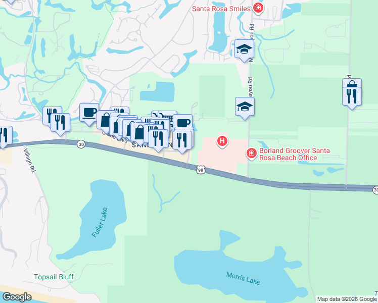 map of restaurants, bars, coffee shops, grocery stores, and more near 398 Sandestin Lane in Miramar Beach