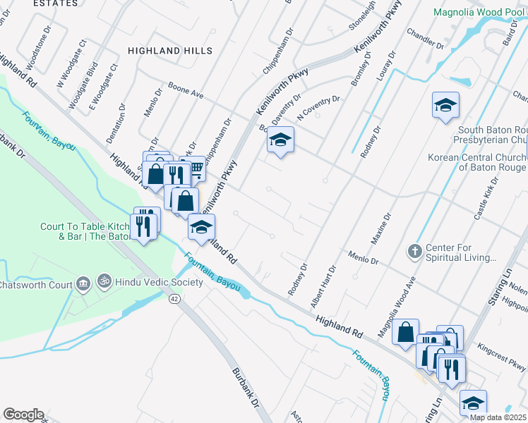 map of restaurants, bars, coffee shops, grocery stores, and more near 7723 Copperfield Court in Baton Rouge