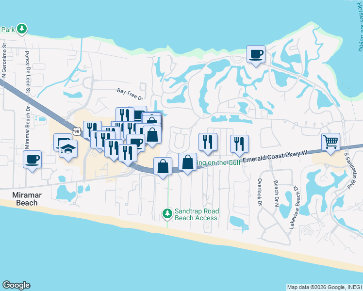 map of restaurants, bars, coffee shops, grocery stores, and more near 345 L'Atrium Drive in Destin