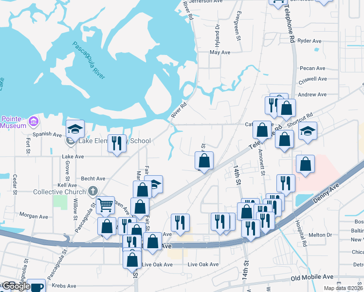 map of restaurants, bars, coffee shops, grocery stores, and more near 2001-4503 Cauley Lane in Pascagoula