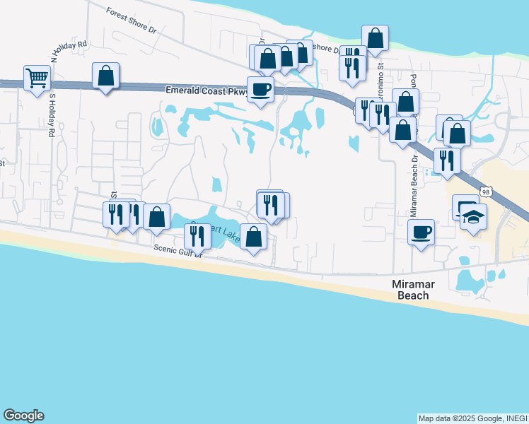 map of restaurants, bars, coffee shops, grocery stores, and more near 122 Seascape Drive in Miramar Beach
