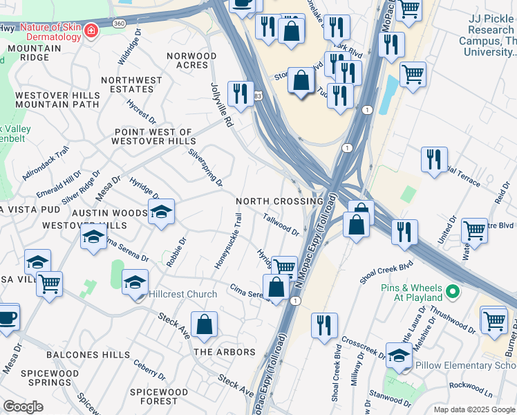 map of restaurants, bars, coffee shops, grocery stores, and more near 8800 Willowick Drive in Austin