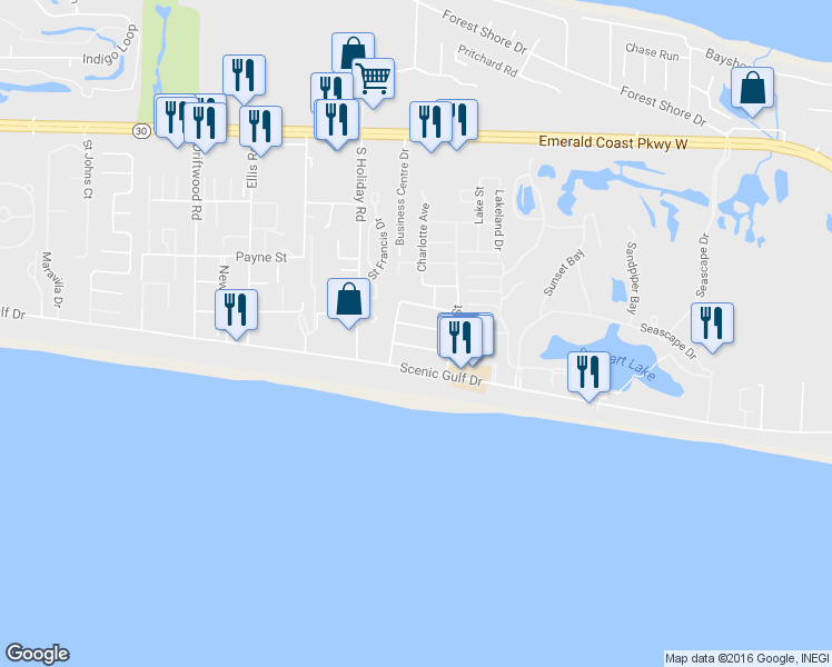 map of restaurants, bars, coffee shops, grocery stores, and more near 87 Sarasota Street in Destin