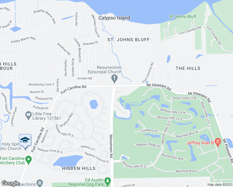 map of restaurants, bars, coffee shops, grocery stores, and more near 12324 Hidden Hills Lane in Jacksonville