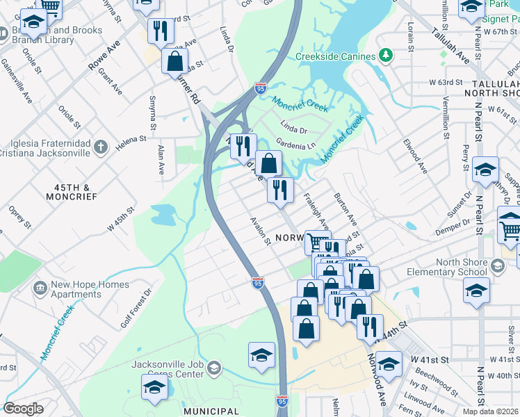 map of restaurants, bars, coffee shops, grocery stores, and more near 967 Glencarin Street in Jacksonville