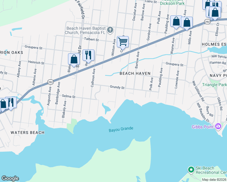 map of restaurants, bars, coffee shops, grocery stores, and more near 414 Colbert Avenue in Pensacola