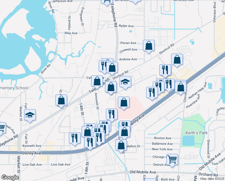 map of restaurants, bars, coffee shops, grocery stores, and more near 4509 Hospital Road in Pascagoula