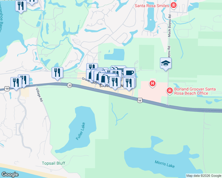 map of restaurants, bars, coffee shops, grocery stores, and more near 600 Grand Boulevard in Miramar Beach