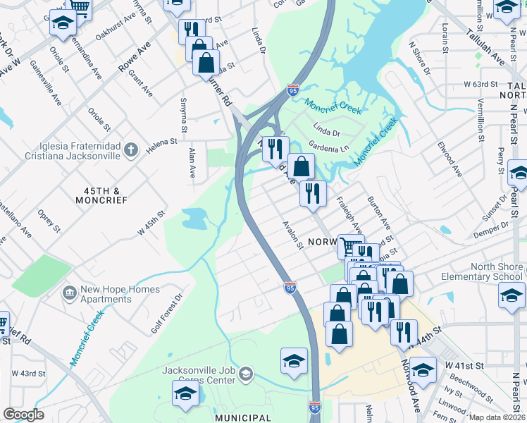 map of restaurants, bars, coffee shops, grocery stores, and more near 1039 Alderside Street in Jacksonville