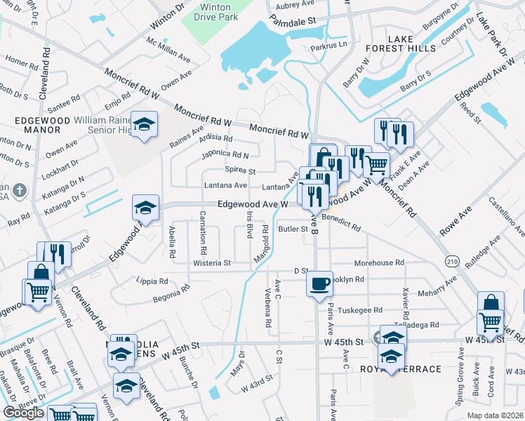 map of restaurants, bars, coffee shops, grocery stores, and more near 5877 Marigold Road in Jacksonville
