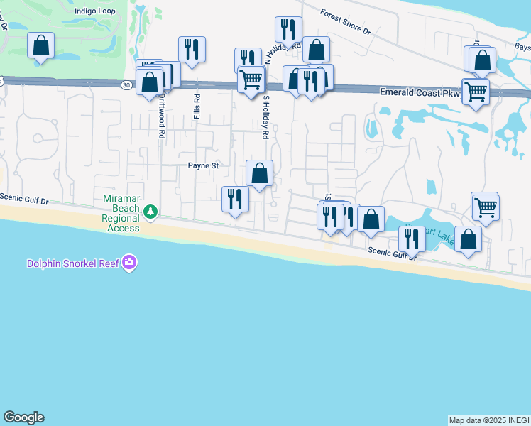 map of restaurants, bars, coffee shops, grocery stores, and more near in Miramar Beach