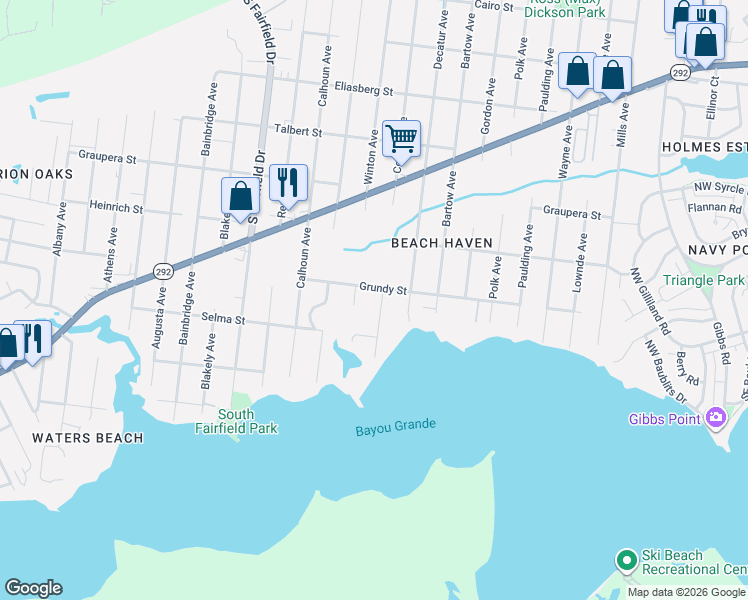 map of restaurants, bars, coffee shops, grocery stores, and more near 414 Colbert Avenue in Pensacola