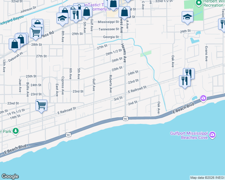 map of restaurants, bars, coffee shops, grocery stores, and more near 2200 Roberts Avenue in Gulfport