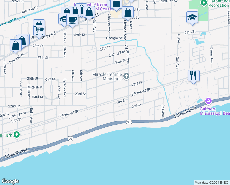 map of restaurants, bars, coffee shops, grocery stores, and more near 2200 Roberts Avenue in Gulfport