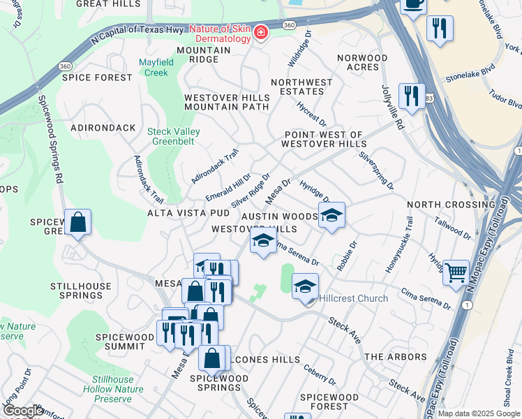 map of restaurants, bars, coffee shops, grocery stores, and more near 8506 Mesa Drive in Austin