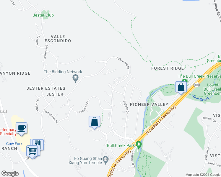 map of restaurants, bars, coffee shops, grocery stores, and more near 6605 Mesa Hollow Drive in Austin