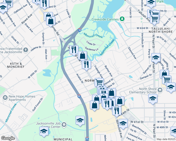 map of restaurants, bars, coffee shops, grocery stores, and more near 6505 Norwood Avenue in Jacksonville