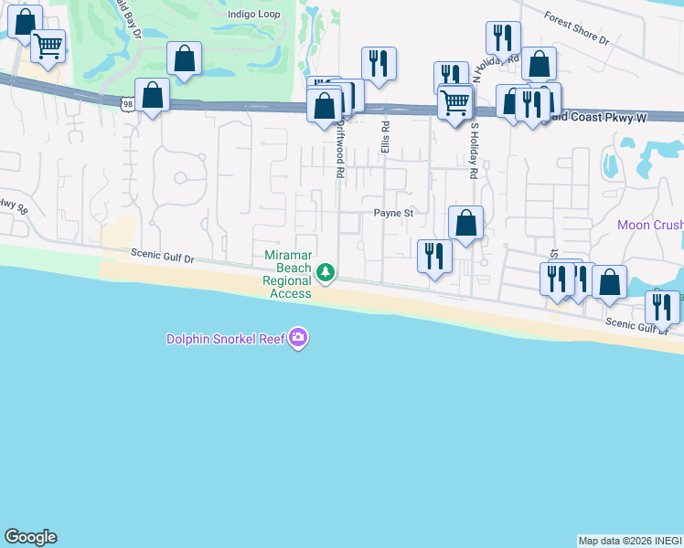 map of restaurants, bars, coffee shops, grocery stores, and more near 26 Driftwood Road in Miramar Beach