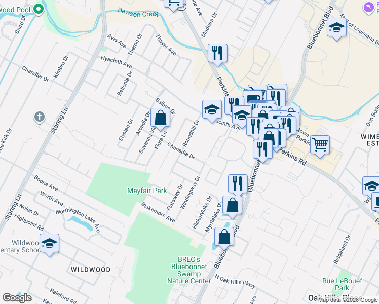 map of restaurants, bars, coffee shops, grocery stores, and more near 10004 Chanadia Drive in Baton Rouge