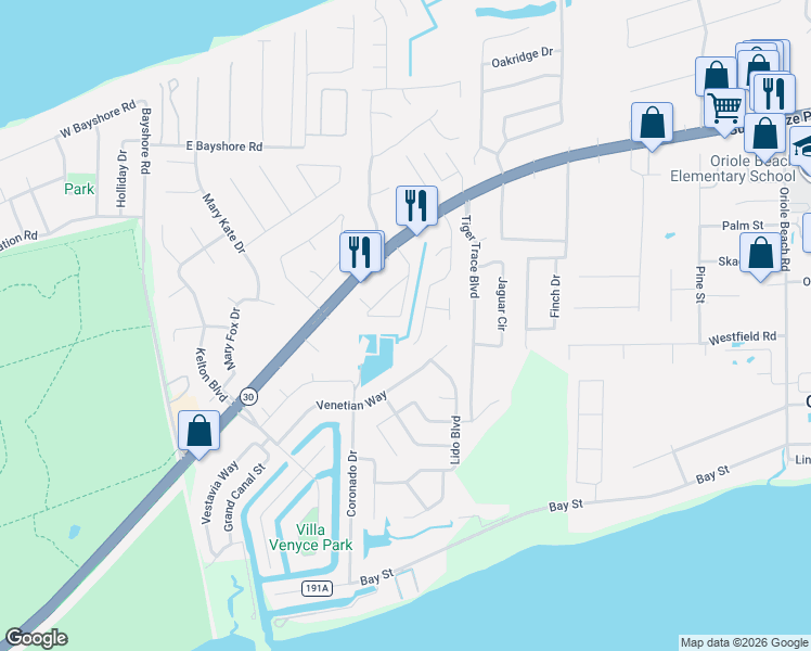 map of restaurants, bars, coffee shops, grocery stores, and more near 990 Great Oaks Drive in Gulf Breeze