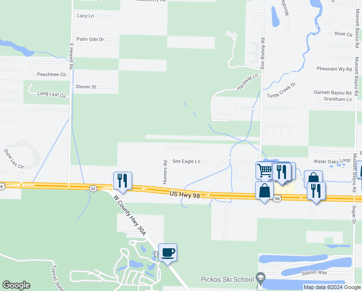 map of restaurants, bars, coffee shops, grocery stores, and more near 305 Hunters Road in Santa Rosa Beach