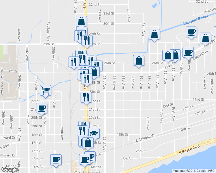 map of restaurants, bars, coffee shops, grocery stores, and more near 2314 23rd Ave in Gulfport