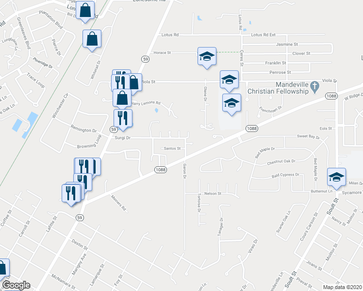 map of restaurants, bars, coffee shops, grocery stores, and more near 234 Santos Street in Mandeville