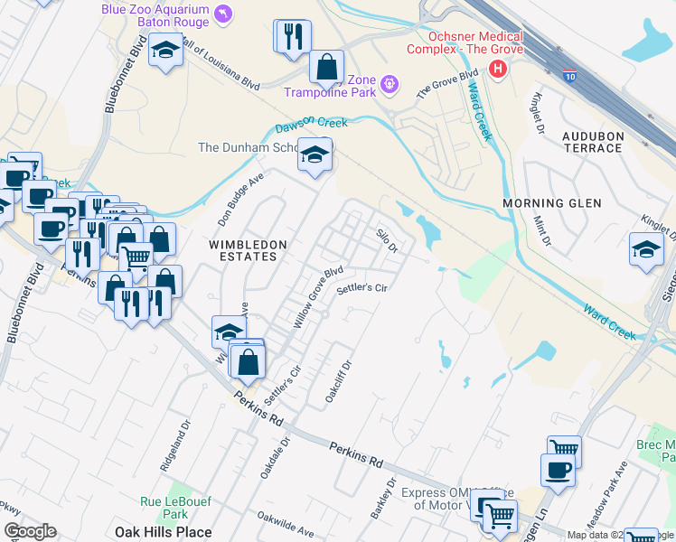 map of restaurants, bars, coffee shops, grocery stores, and more near 7342 Willow Grove Boulevard in Baton Rouge