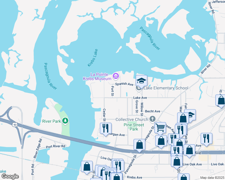 map of restaurants, bars, coffee shops, grocery stores, and more near Fort Street in Pascagoula