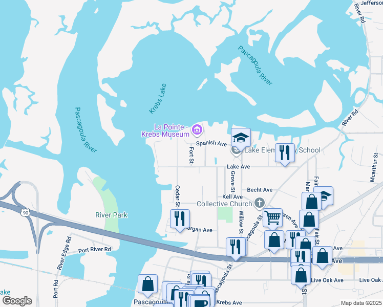 map of restaurants, bars, coffee shops, grocery stores, and more near Fort Street in Pascagoula